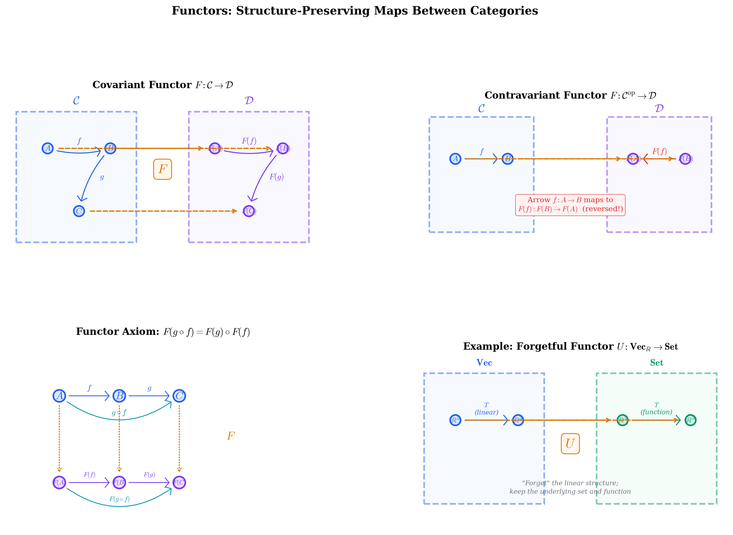 Functor diagram showing covariant and contravariant mappings between categories