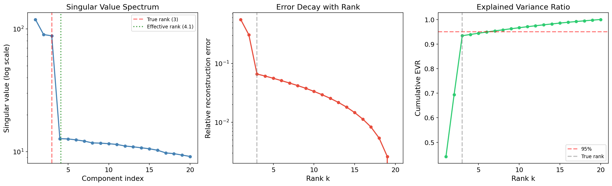 Low-rank approximation: singular value spectrum, error decay, and explained variance ratio