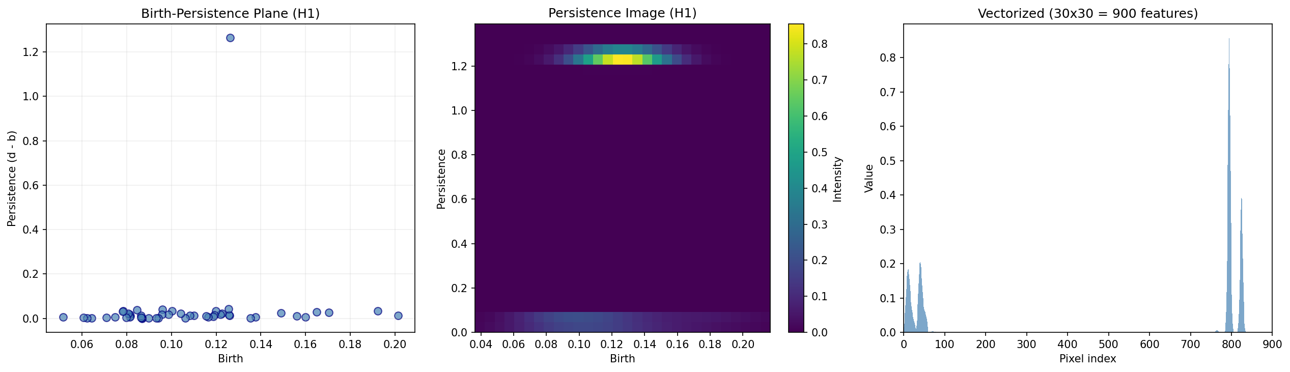 Three panels: birth-persistence scatter, 2D heatmap persistence image, flattened feature vector